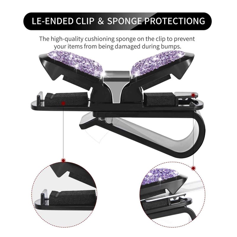 CHIMUYU Glasses Holders for Car Sun Visor, Bling Crystal Rhinestones Fashion Rotatable Car Eyeglasses Sunglasses Hanger Mount with Ticket Card Clip for Women Girls (Violet) - Image 3